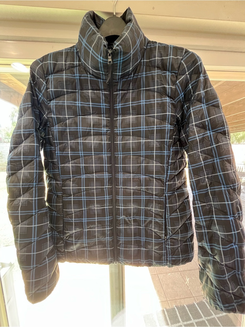 Uniqlo Black Plaid Packable Puffer Jacket with Blue Trim